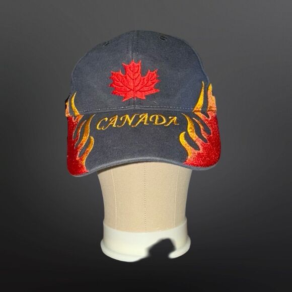 Vintage Inetol 1990s Red Flame Canadian Maple Leaf Black Trucker Adjustable Hat - Picture 2 of 10